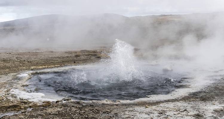 Brodelnder grauer Schlammpool, der dampfige Fontänen in die neblige geothermale Ebene sendet.