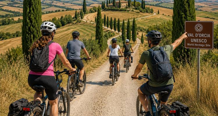 Groupe de cyclistes circulant le long d'une route de gravier bordée de cyprès en direction d'une ferme toscane classique avec panneau UNESCO