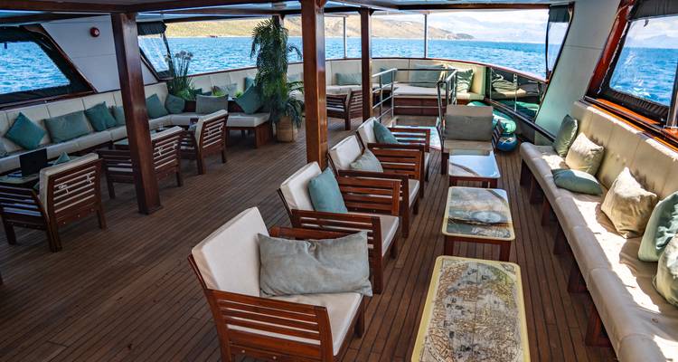Cubierta de salón con sombra del yate con pisos de madera, sillas acolchadas y vista al mar.
