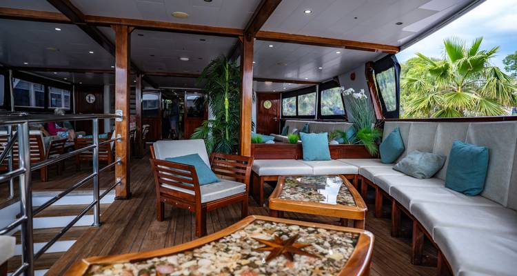 Terraza abierta con sofás acolchados, vigas de madera y plantas tropicales al lado del muelle.