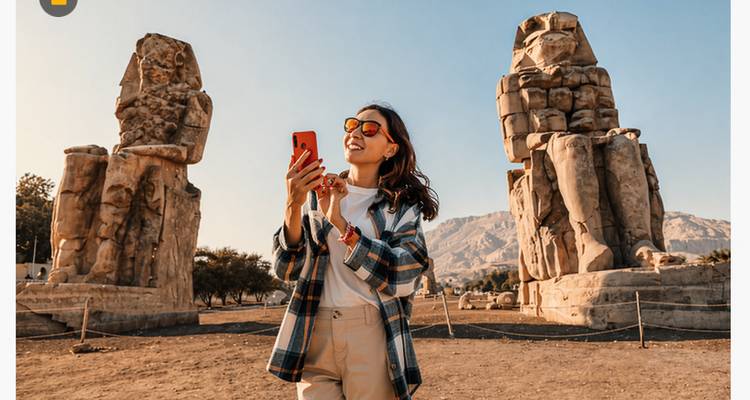 A woman takes a photo amid the massive Colossi of Memnon statues at dawn.