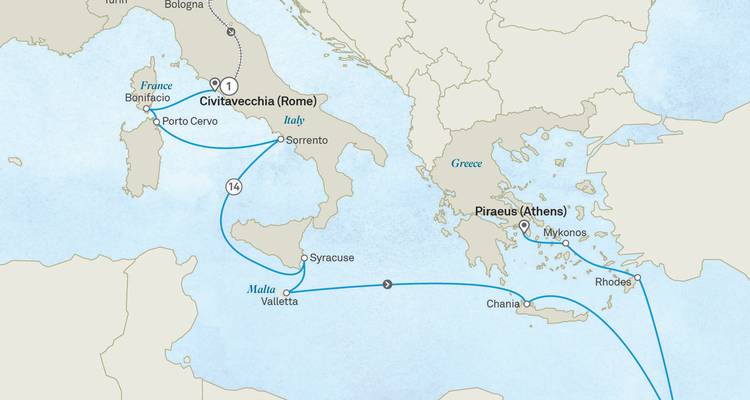Cruise itinerary map of the Mediterranean highlighting ports between Rome and Greece