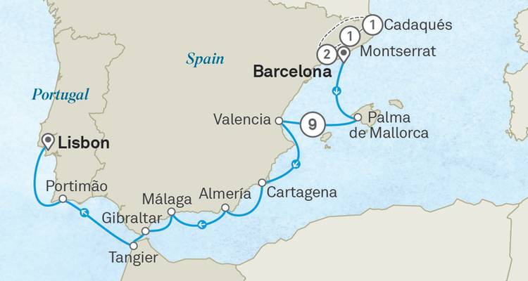 Carte d'itinéraire illustrée montrant l'itinéraire de croisière de Lisbonne à Barcelone avec les ports indiqués