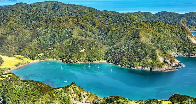 Aerial view of lush green peninsulas encircling a turquoise bay with sailboats in the Bay of Islands.