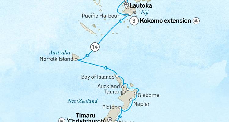 Illustrated route map showing cruise itinerary across New Zealand and Fiji with destination markers.