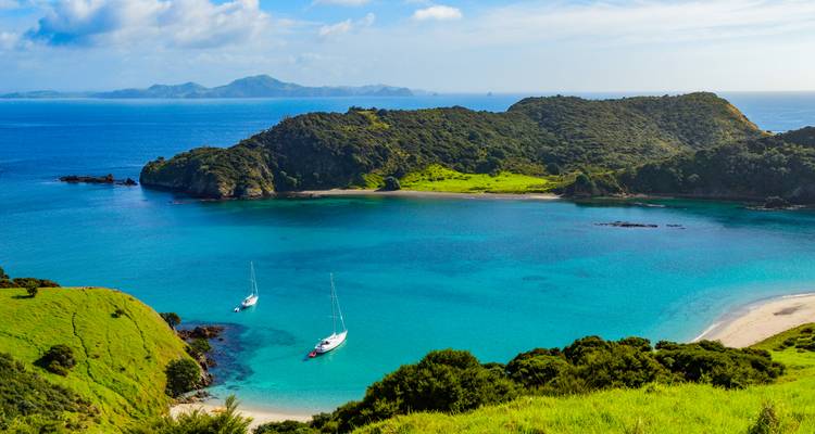 Two sailboats anchor in a crystal-clear turquoise cove framed by lush green hills in the Bay of Islands.