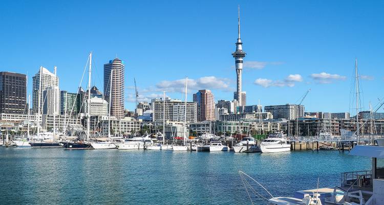 Auckland's Viaduct Harbour with yachts and the Sky Tower rising against a vivid blue sky.