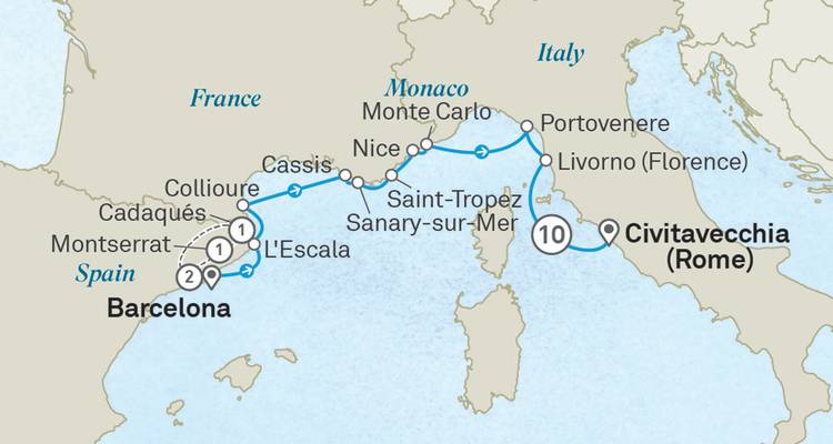 Mapa que muestra la ruta de crucero por el Mediterráneo desde Roma hasta Barcelona pasando por la Riviera francesa e italiana.