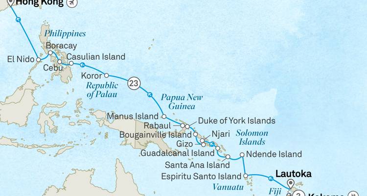 Itinerary map tracing a cruise route from Hong Kong through Pacific islands to Fiji.