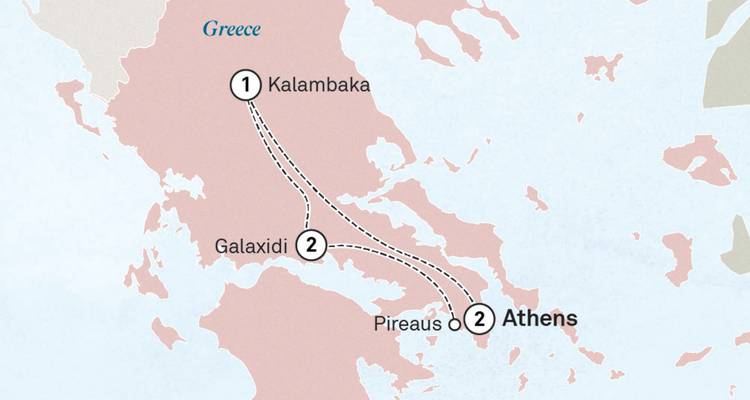 Simple route map of Greece highlighting Athens, Piraeus, Galaxidi and Kalambaka