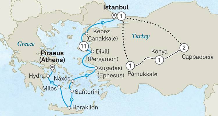 Routekaart met cruise-itinerary door Griekenland en Turkije inclusief Istanbul, Cappadocië en de Cycladen.