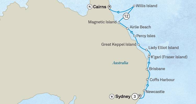 Cruise map outlining a voyage along Australia’s east coast from Sydney to Cairns with island stops.
