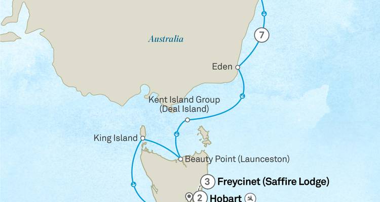Cruise route map around Tasmania and southern Australia highlighting island stops