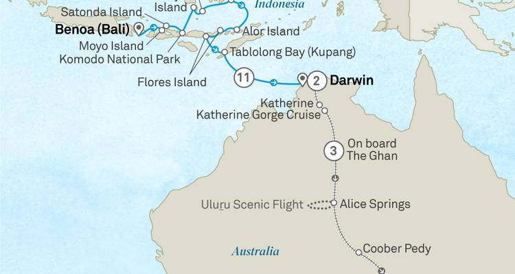 Itinerary map showing voyage from Bali to Darwin and central Australia.