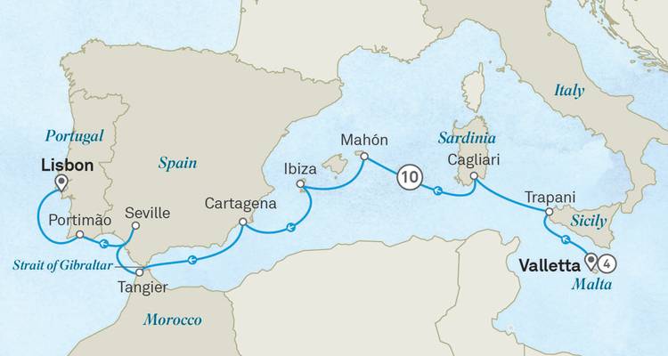 Carte illustrée de l'itinéraire de croisière montrant les ports de Lisbonne à travers la Méditerranée jusqu'à La Valette avec une ligne maritime pointillée et des icônes d'escales.