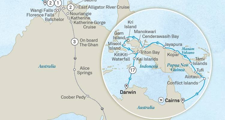 Combined rail and cruise map across northern Australia and Papua New Guinea highlighting major stops.