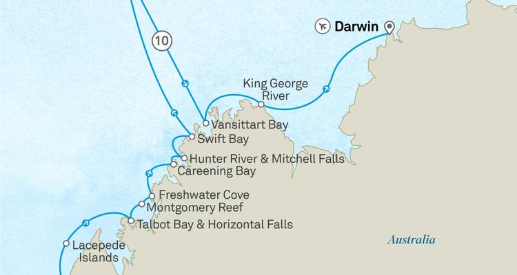 Cruise route map of the Kimberley coast highlighting bays, reefs and Darwin departure point.