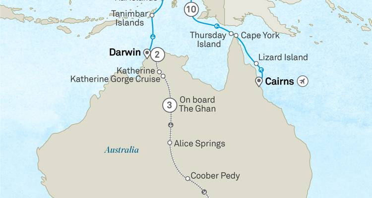 Route map illustrating journey from Darwin through Katherine to Cairns including Ghan train segment.