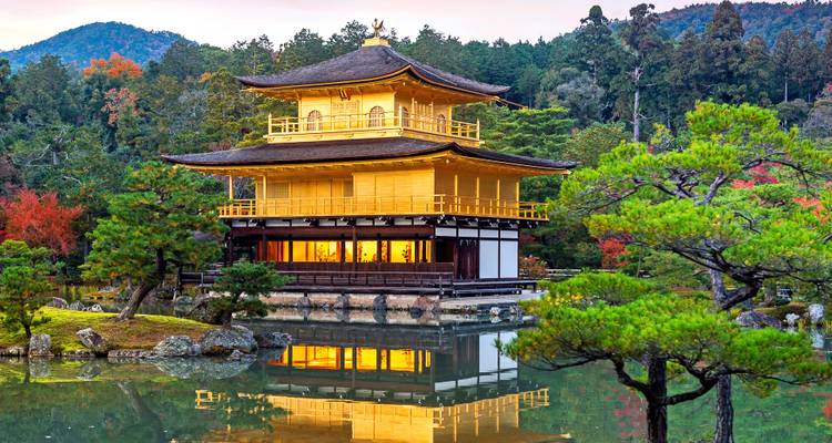 Iconic golden Kinkaku-ji Pavilion reflected in a tranquil pond surrounded by autumn foliage and pine trees.