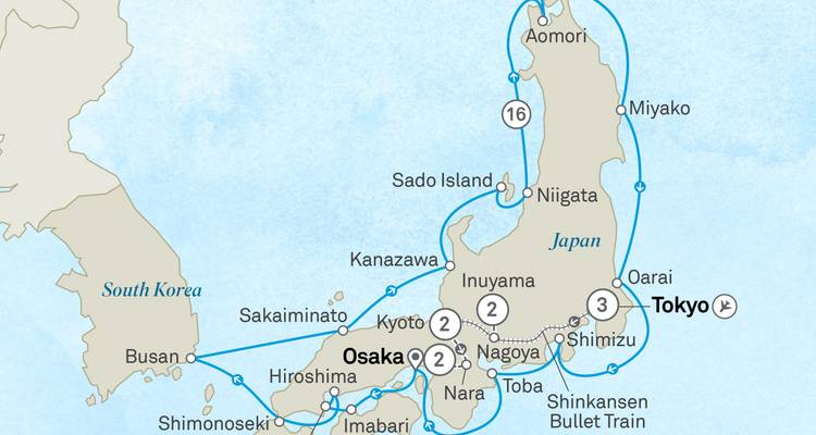 Tour route map of Japan highlighting Tokyo, Osaka and coastal cruise segments.