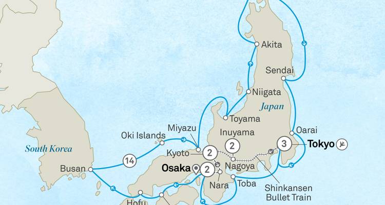Japan cruise map showing Osaka, Kyoto, Akita and Busan with route lines and duration markers.