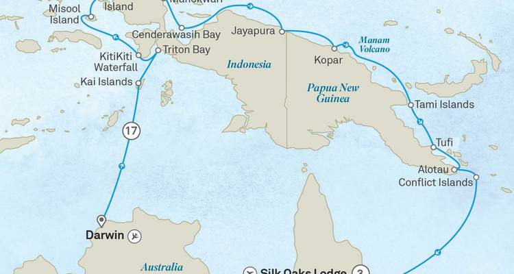 Map showing cruise itinerary around Papua New Guinea and northern Australia.