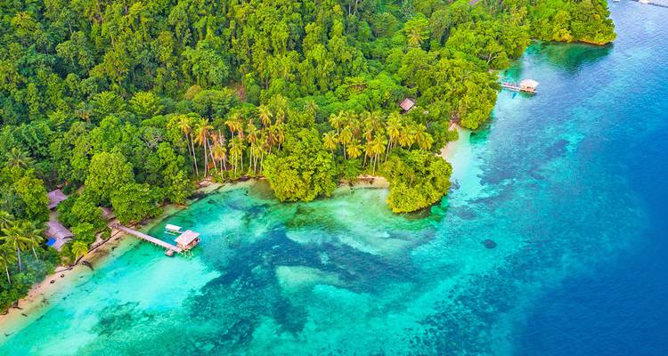Aerial view of lush tropical island with turquoise lagoon, palm trees, and wooden pier.