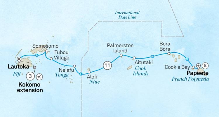 Carte de l'itinéraire de croisière du Pacifique reliant les Fidji, les Tonga, les Îles Cook et la Polynésie française