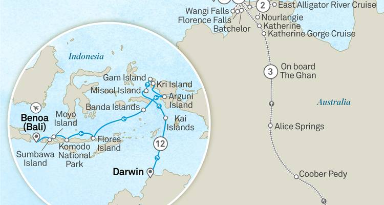 Carte d'itinéraire croisieres-train entre Bali et Darwin mettant en evidence les iles indonesiennes et l'itineraire du Ghan en Australie.