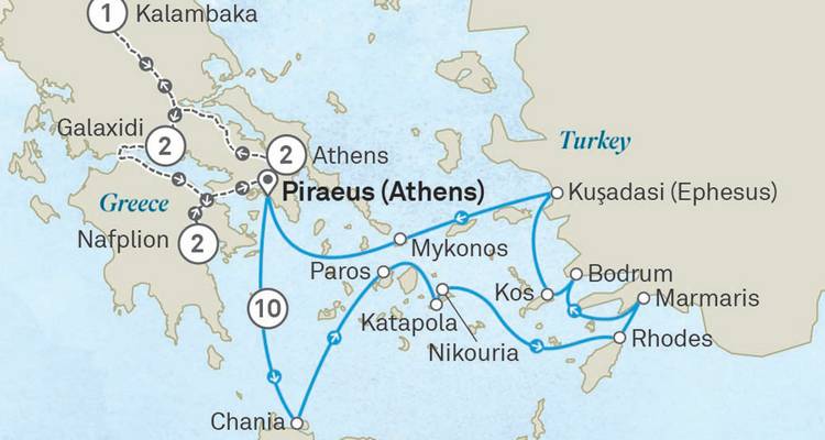 Carte de croisière montrant l'itinéraire circulaire en Égée au départ du Pirée vers Rhodes et la Turquie.