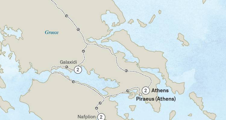Itinerary map of a Greek cruise highlighting Athens, Piraeus, Nafplion and Galaxidi.