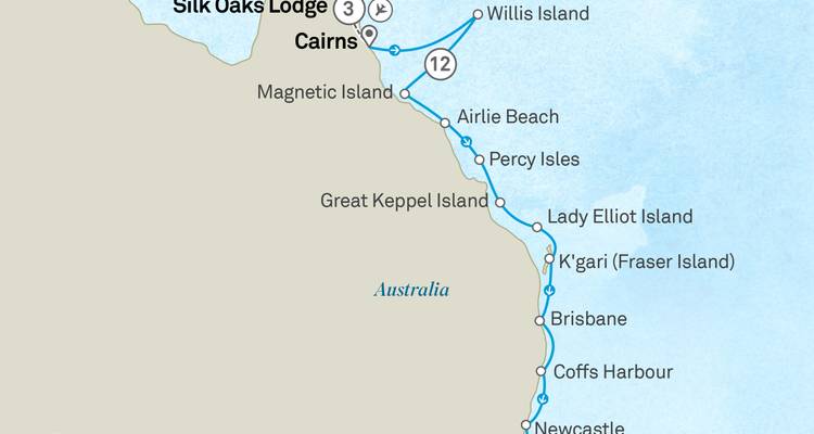 Carte d'une croisière côtière dans l'est de l'Australie incluant Cairns, l'île Fraser et Brisbane.