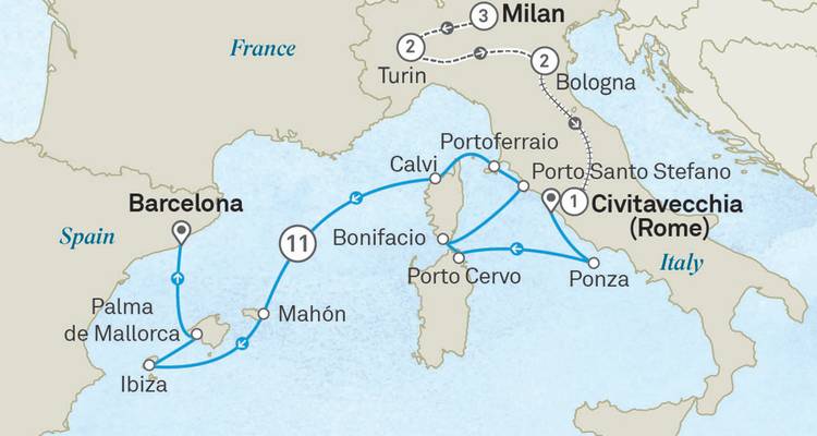 Routenkarte einer Kreuzfahrt im westlichen Mittelmeer mit Schwerpunkt auf Häfen in Italien, Frankreich und Spanien.