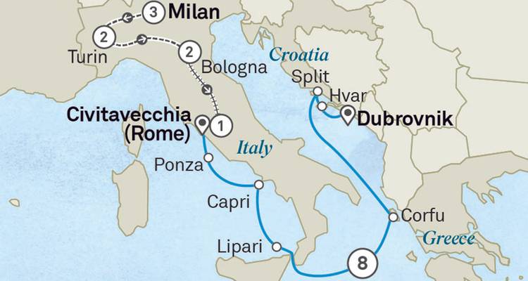 Mapa del itinerario que muestra un crucero desde Roma pasando por Italia y Croacia hasta Dubrovnik.