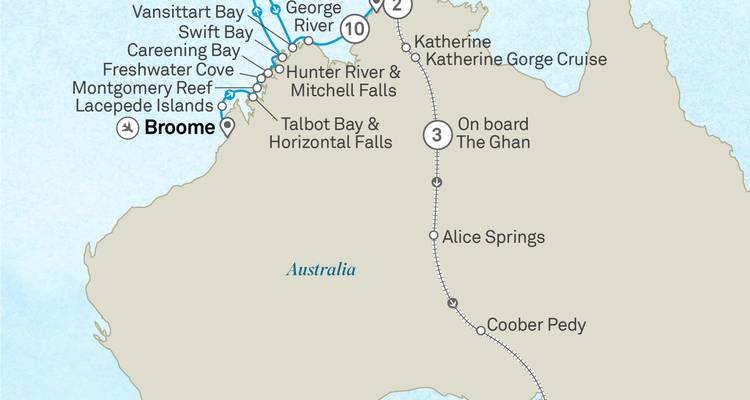 Itinerary map of western and central Australia highlighting Broome, Alice Springs, and cruise regions.