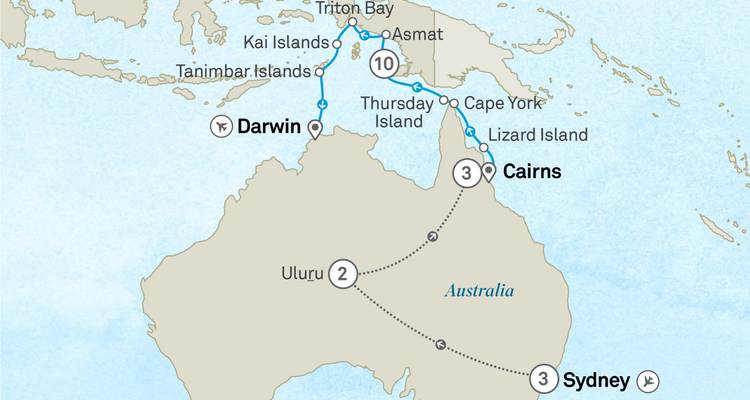 Illustrated itinerary map showing a cruise route across northern Australia and Indonesia with stop markers and city names.