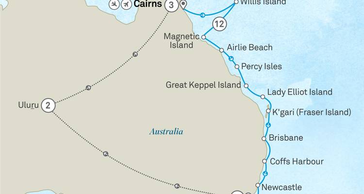 Map displaying eastern Australia and Uluru flight-drive itinerary.