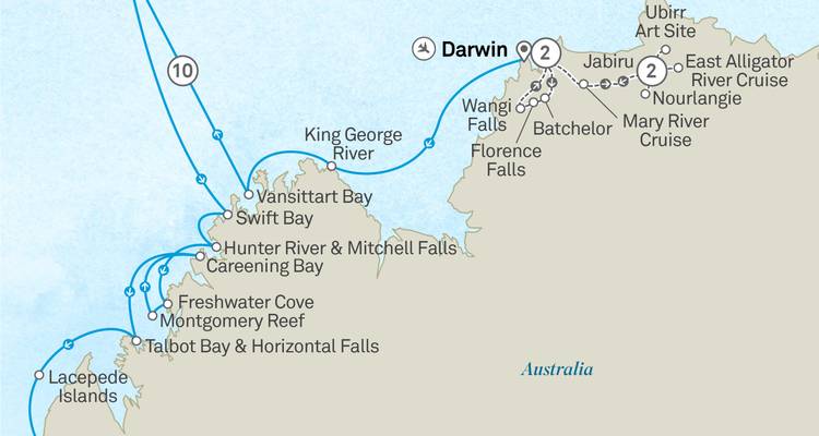 Route map of Australia’s Kimberley coast highlighting Darwin, waterfalls and bays along a cruise itinerary.