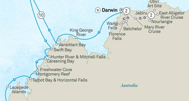 Cruise map of northern Australia showing bays, falls and Darwin with numbered stay nights.