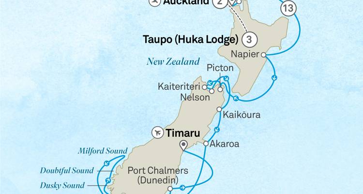 Tour route map highlighting Auckland, Taupo, Napier, and South Island towns.