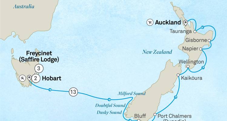 Cruise map from Hobart to Auckland across New Zealand’s coast and sounds.