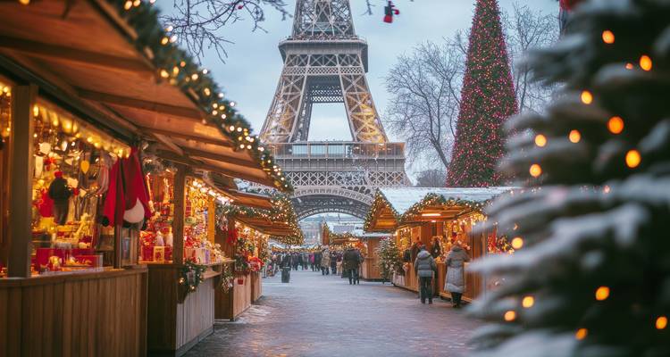 Les étals du marché de Noël festif, bordés de lumières, mènent à la Tour Eiffel par une soirée d'hiver enneigée.