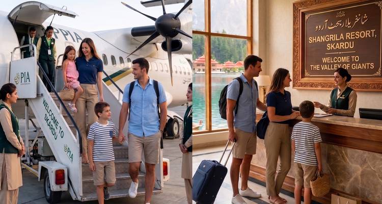 Collage que muestra a una familia bajando de un avión de PIA y registrándose en el resort Shangrila a orillas del lago en Skardu.