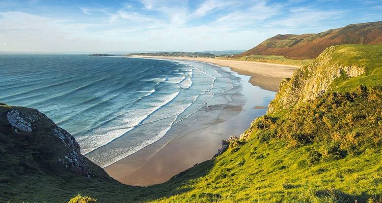 Vue côtière expansive d'une plage de sable fin balayée et des vagues déferlantes aperçues depuis une falaise herbeuse