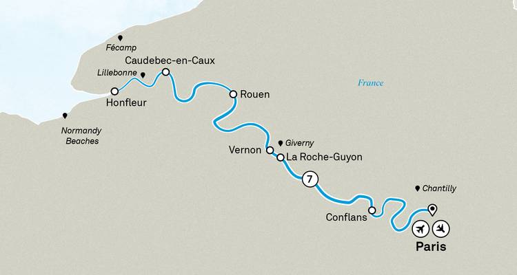 Map depicting a cruise along the Seine from Paris through Rouen to Normandy beaches with day markers.