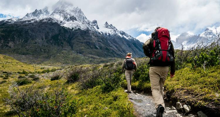 Zwei Rucksacktouristen wandern einen rauen Pfad entlang, der von grünen Sträuchern begrenzt wird, mit schneebedeckten patagonischen Gipfeln im Voraus.