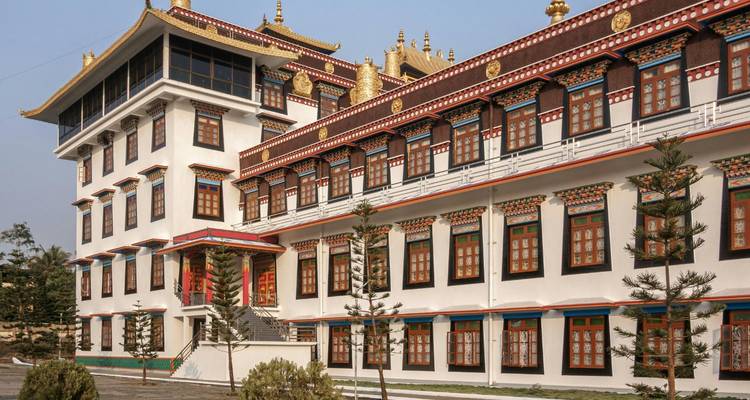 Large Tibetan style monastery complex with ornate windows and golden roofs under clear sky.