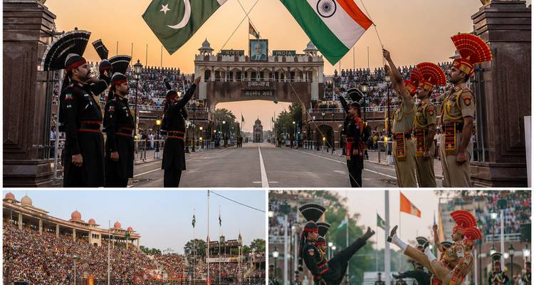 Composite of Wagah border ceremony scenes with Indian and Pakistani guards marching and crowds cheering at sunset.