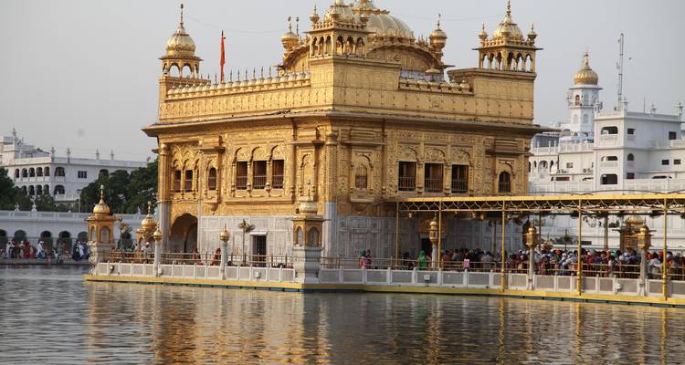 Golden Temple shimmering in sunlight with pilgrims lining the causeway over the sacred pool.