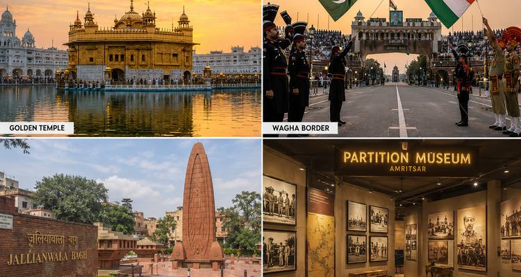 Four-panel collage showing Golden Temple, Wagah ceremony, Partition Museum, and Jallianwala Bagh with labels.